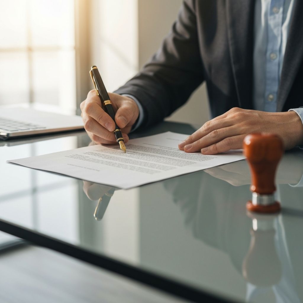 Corporate office with legal documents being signed