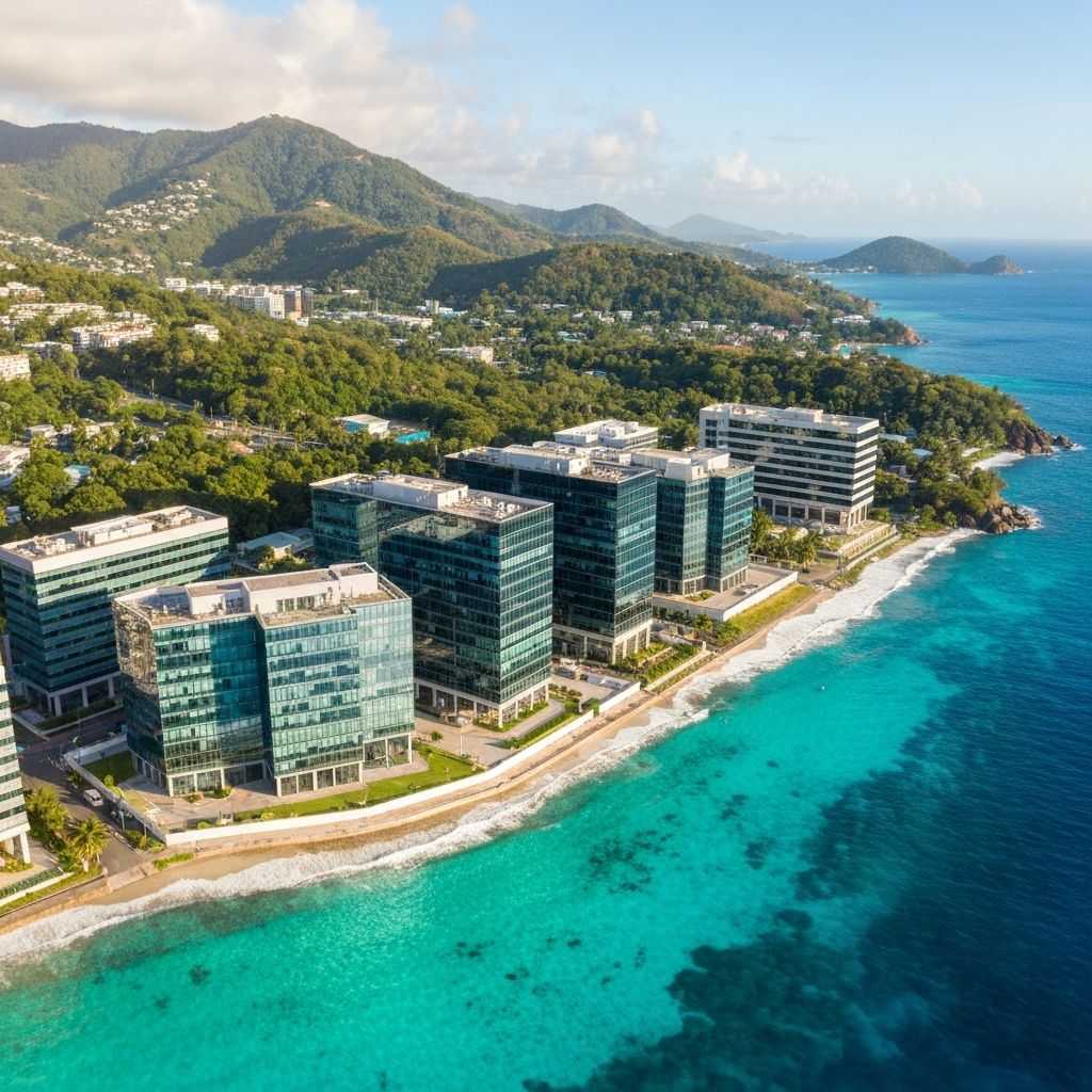 Tropical island business district with modern office buildings